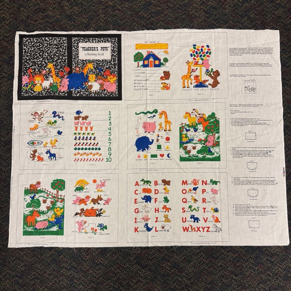 Teachers Pet Learning Book Cotton Fabric Panel Alphabet ABC Cranston Cut Sew